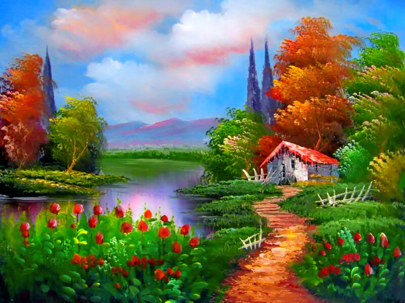 Cottage by a River — Green, Serene, Afternoon, Painting, Trees, Path