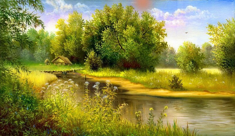 Cottage by a River — Green, Serene, Afternoon, Painting, Trees, Sky
