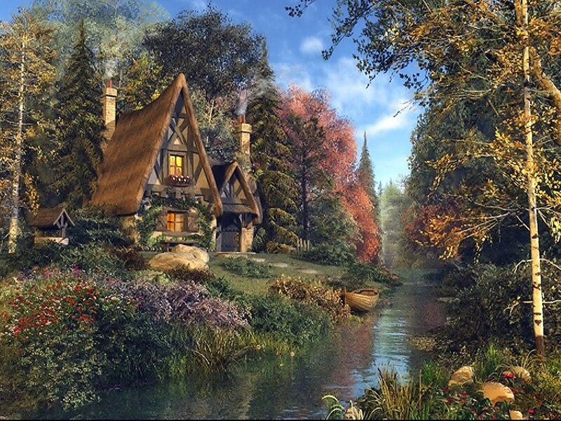 Cottage by a River — Green, Serene, Autumn, Digital Art