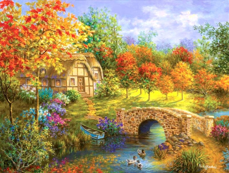 Cottage by a River — Green, Serene, Autumn, Painting, Bridge, Boat