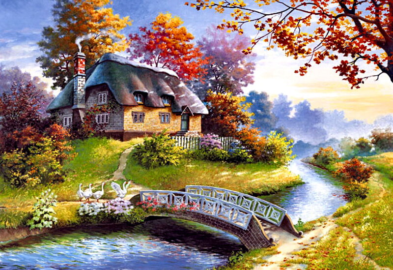 Cottage by a River — Green, Serene, Autumn, Painting, Bridge, Geese