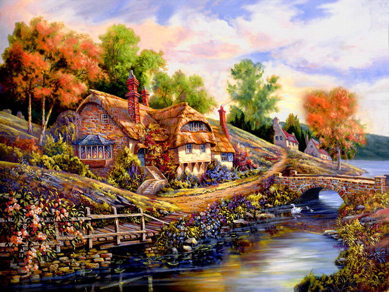 Cottage by a River — Green, Serene, Autumn, Painting, Bridge, Trees