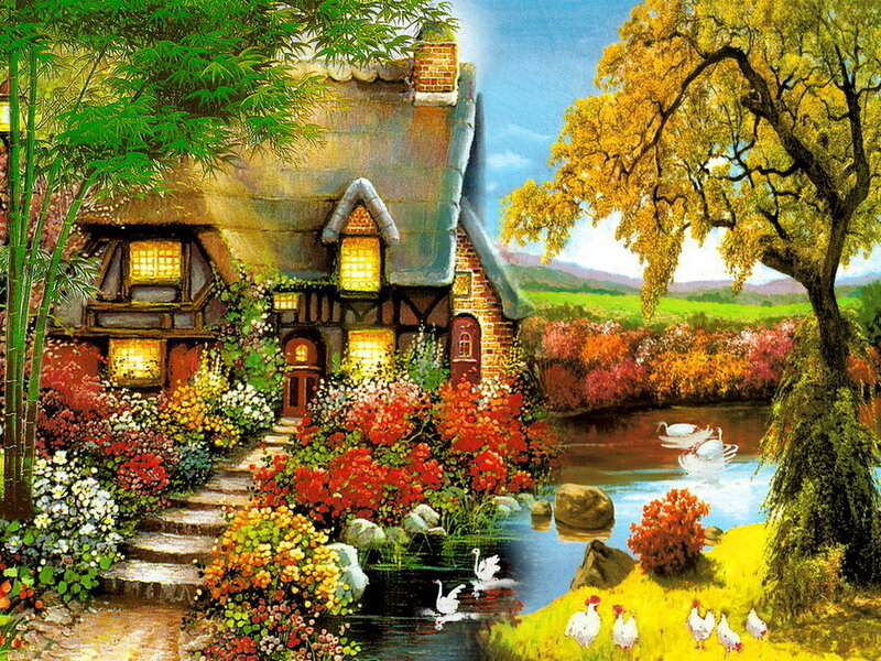 Cottage by a River — Green, Serene, Autumn, Painting, Flowers