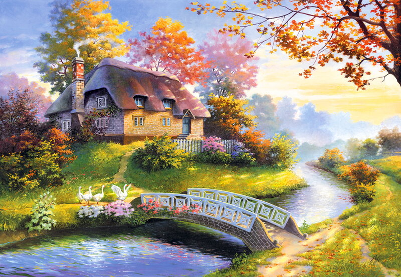 Cottage by a River — Green, Serene, Autumn, Painting, Geese