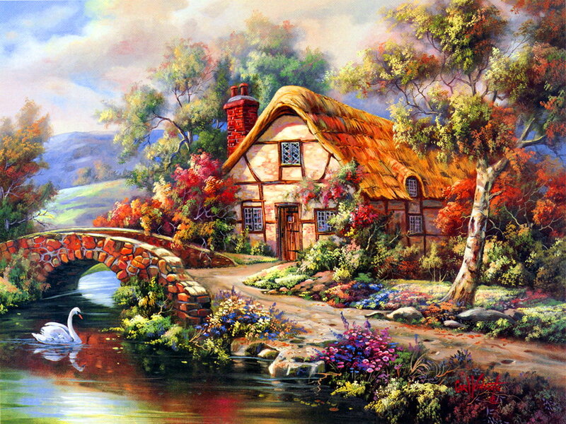 Cottage by a River — Green, Serene, Autumn, Painting, Swan
