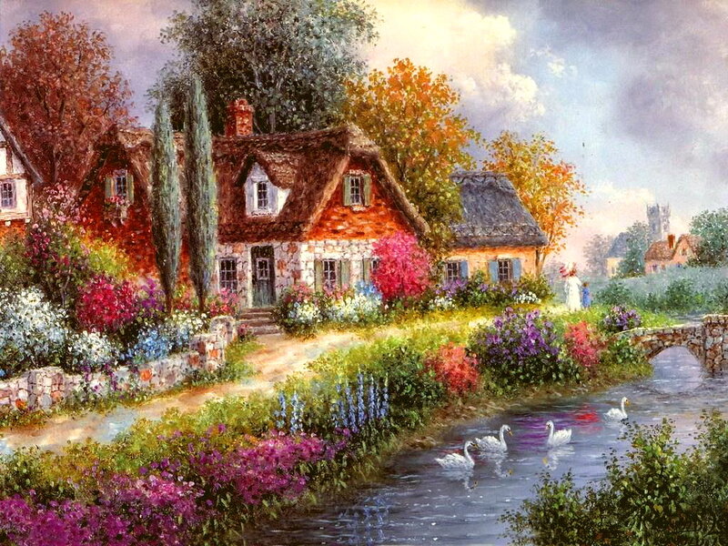Cottage by a River — Green, Serene, Autumn, Painting, Swans