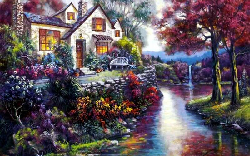 Cottage by a River — Green, Serene, Autumn, Painting, Trees, Flowers
