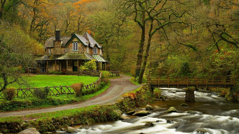 Cottage by a River — Green, Serene, Autumn, Photograph, Bridge, Trees