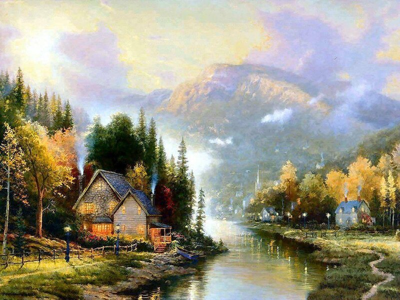 Cottage by a River — Green, Serene, Autumn