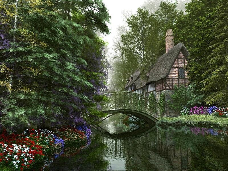 Cottage by a River — Green, Serene, Morning