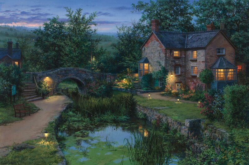 Cottage by a River — Green, Serene, Night, Painting, Bridge, Garden