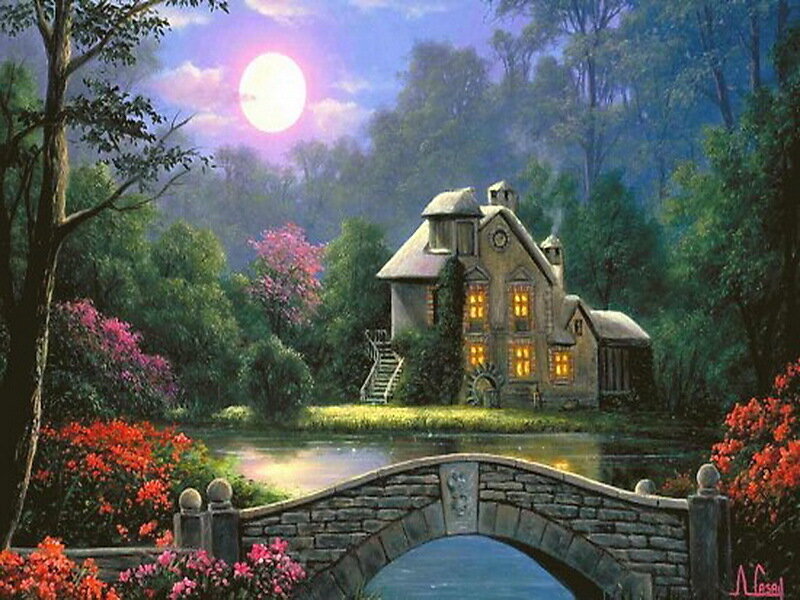 Cottage by a River — Green, Serene, Night, Painting