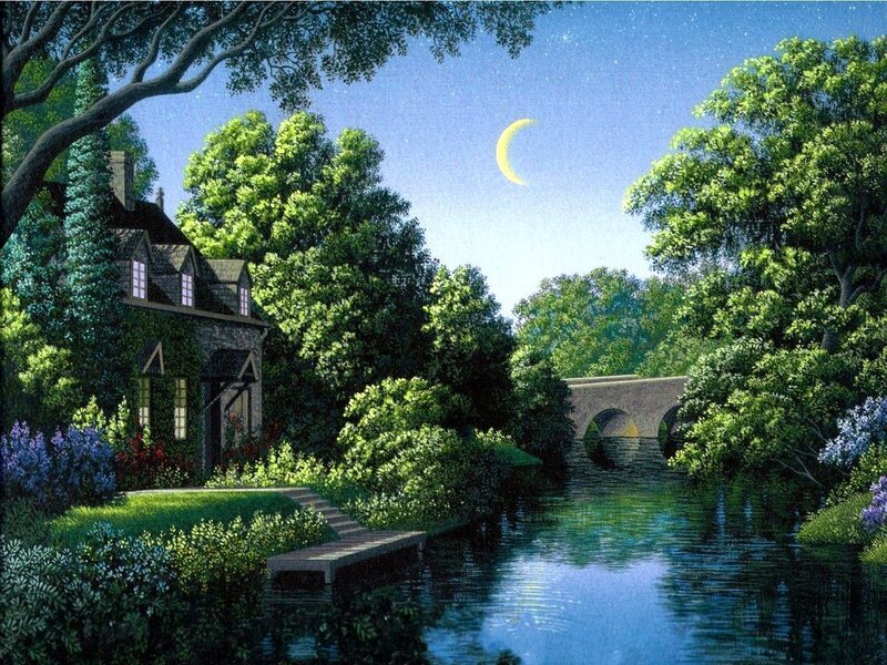 Cottage by a River — Green, Serene, Night