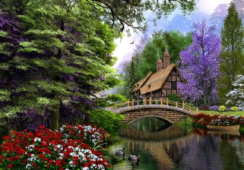 Cottage by a River — Green, Serene, Spring, Digital Art, Bridge, Flowers