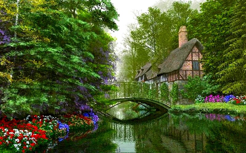 Cottage by a River — Green, Serene, Spring, Digital Art, Bridge, Flowers, Trees