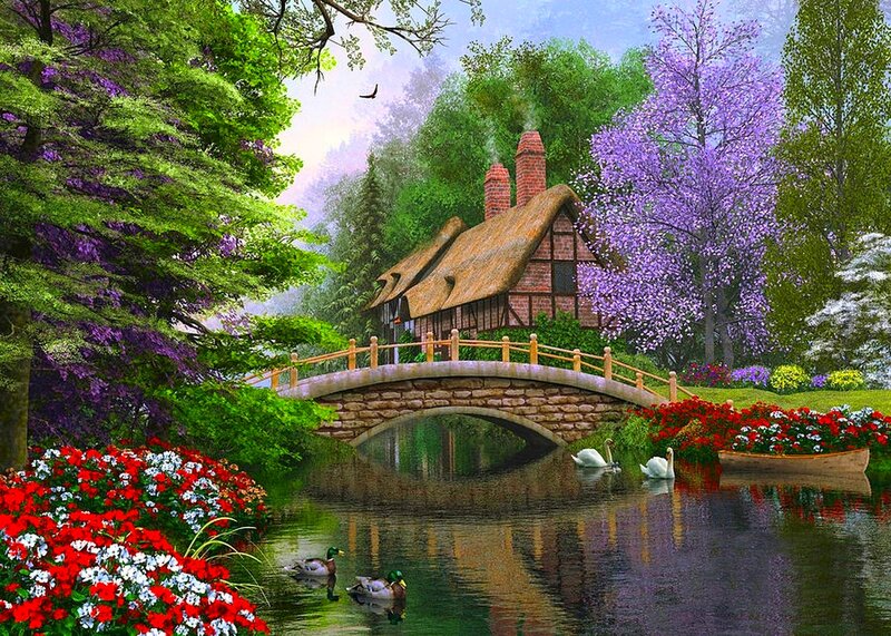 Cottage by a River — Green, Serene, Spring, Digital Art, Bridge, Swans, Flowers, Trees