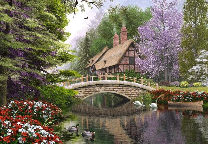 Cottage by a River — Green, Serene, Spring, Digital Art, Bridge, Swans