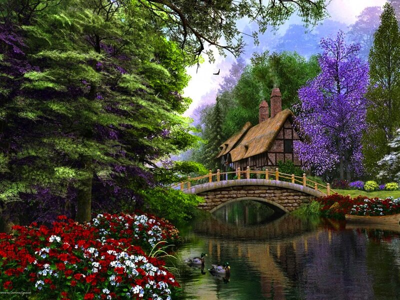 Cottage by a River — Green, Serene, Spring, Digital Art, Bridge