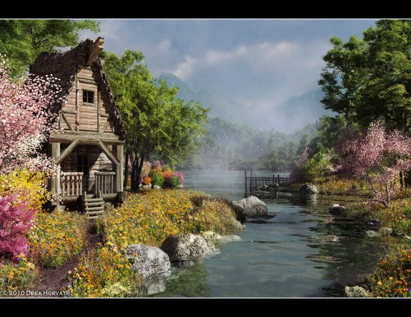 Cottage by a River — Green, Serene, Spring, Digital Art, Flowers