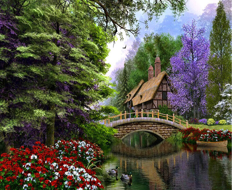 Cottage by a River — Green, Serene, Spring, Digital Art