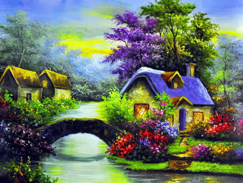 Cottage by a River — Green, Serene, Spring, Painting, Bridge