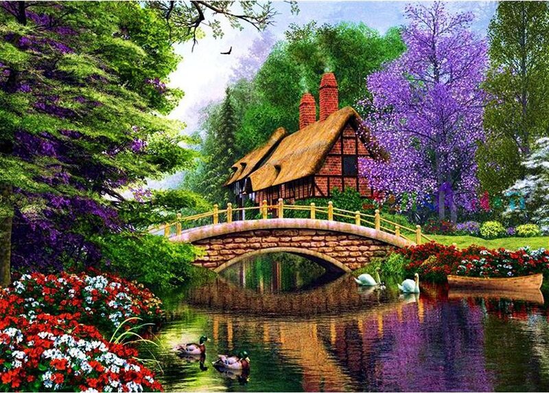 Cottage by a River — Green, Serene, Spring, Painting