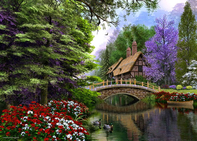 Cottage by a River — Green, Serene, Spring