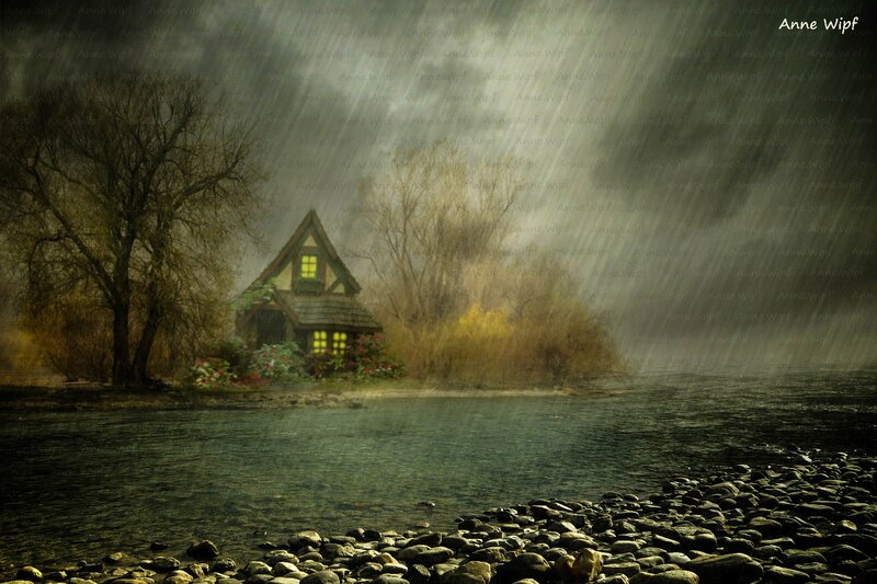 Cottage by a River — Green, Serene, Sunset, Digital Art