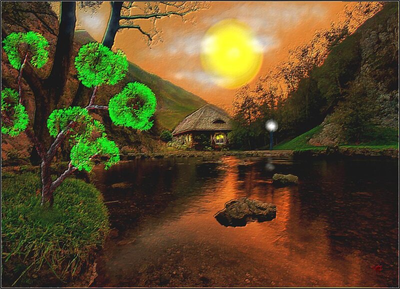 Cottage by a River — Green, Serene, Sunset, Digital Art, Tree