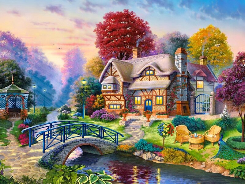 Cottage by a River — Green, Serene, Sunset, Illustration, Bridge