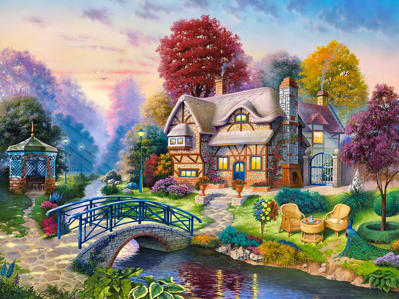 Cottage by a River — Green, Serene, Sunset, Illustration