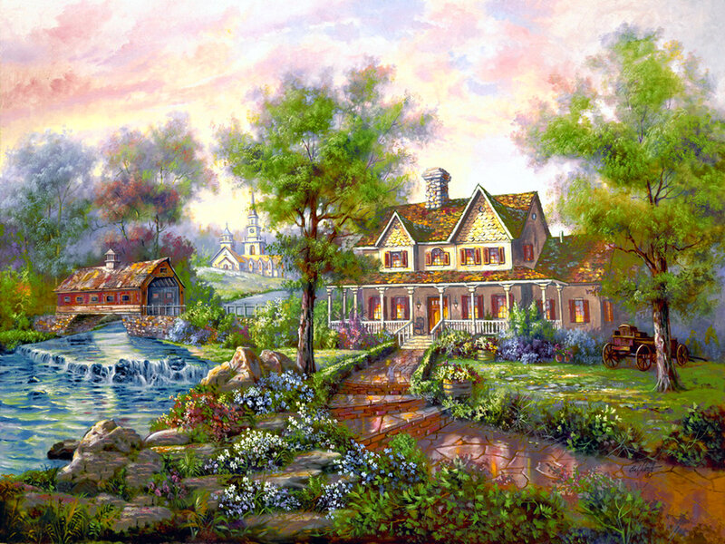 Cottage by a River — Green, Serene, Sunset, Painting, Bridge, Church
