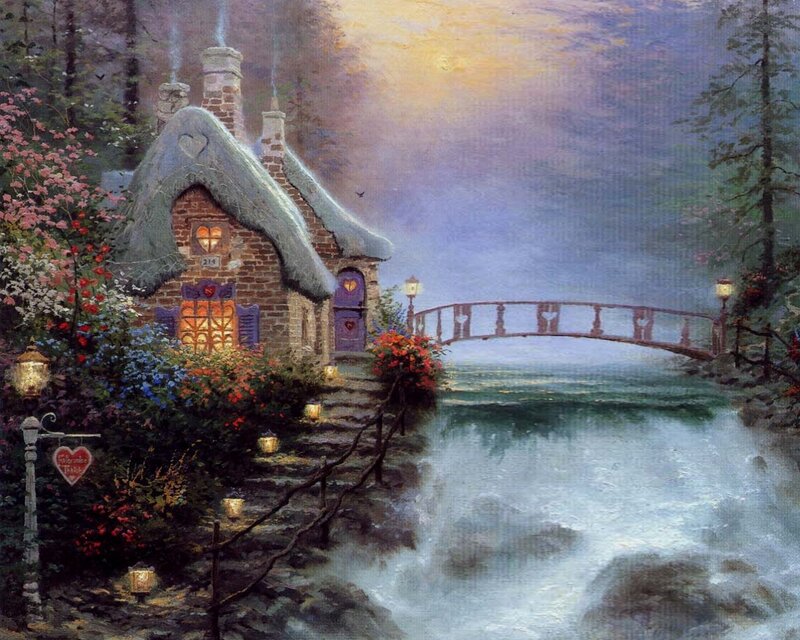 Cottage by a River — Green, Serene, Sunset, Painting, Bridge