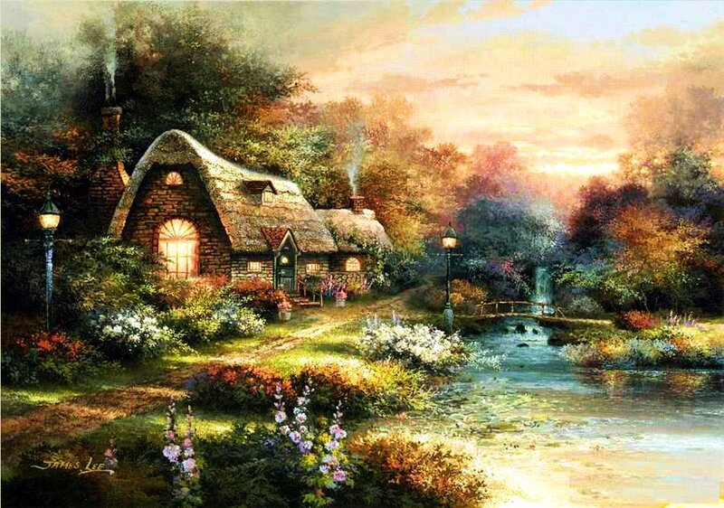 Cottage by a River — Green, Serene, Sunset, Painting, Bridge, Trees