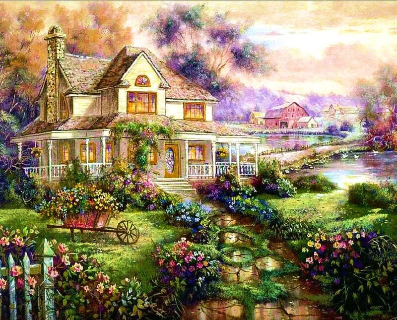 Cottage by a River — Green, Serene, Sunset, Painting, Flowers, Barn