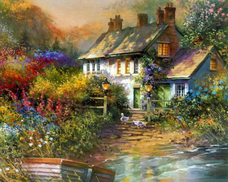 Cottage by a River — Green, Serene, Sunset, Painting, Flowers