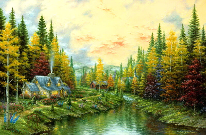 Cottage by a River — Green, Serene, Sunset, Painting, Forest
