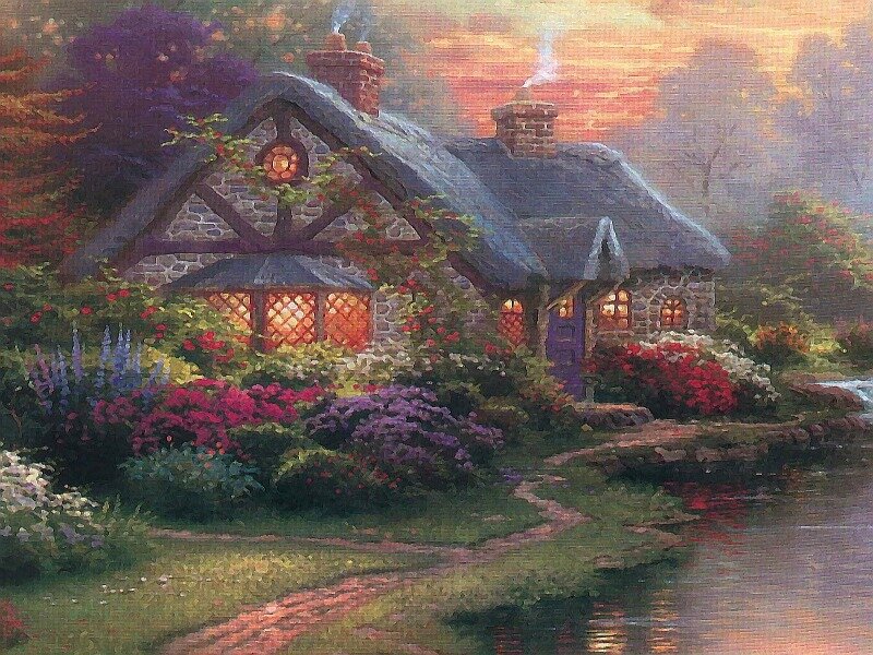 Cottage by a River — Green, Serene, Sunset, Painting