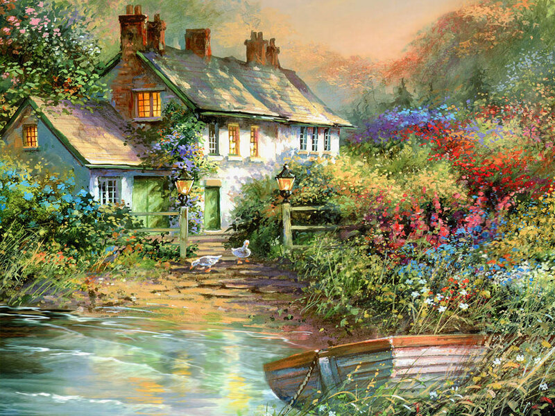 Cottage by a River — Green, Serene, Sunset