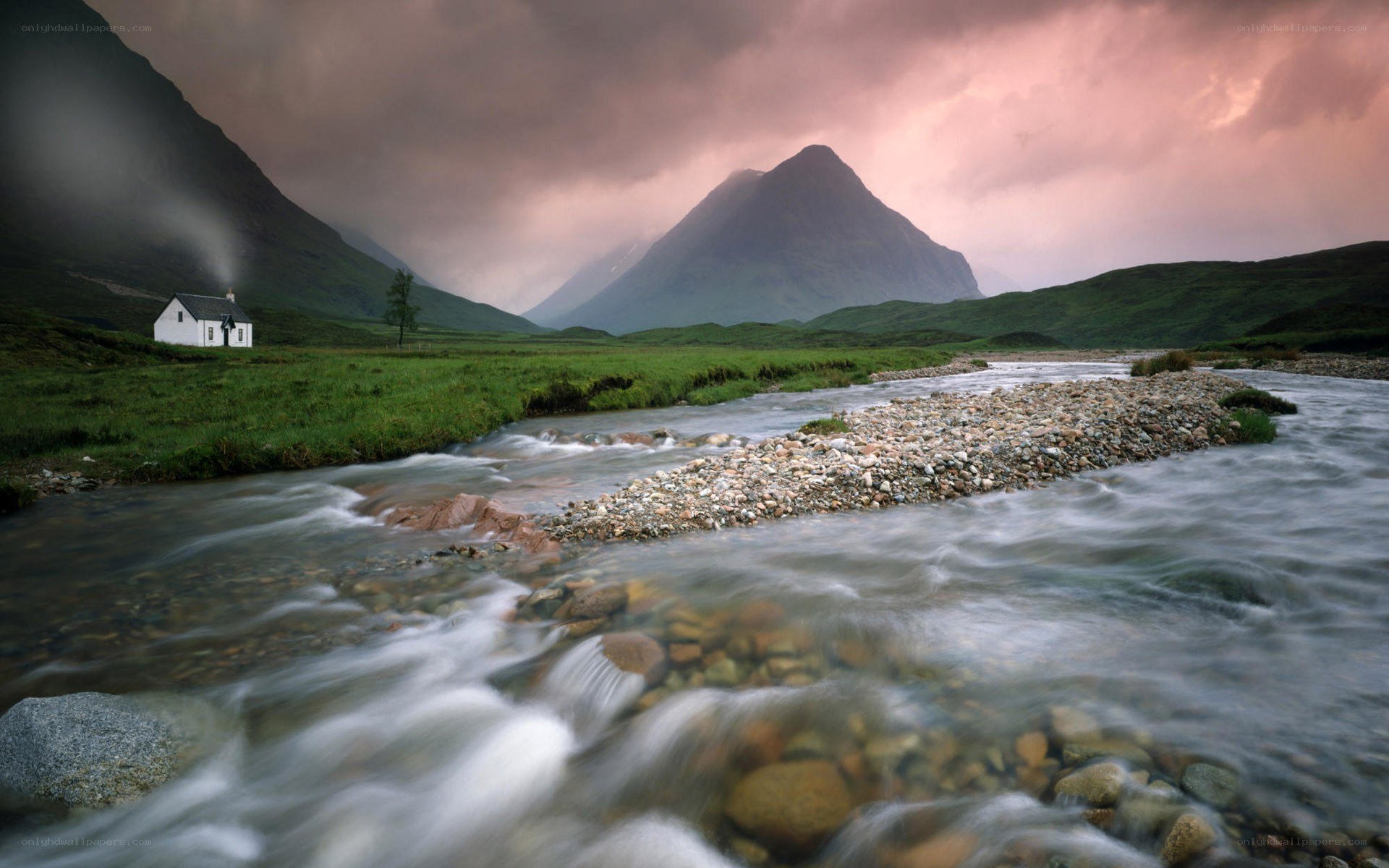 Cottage by a river in the Highlands