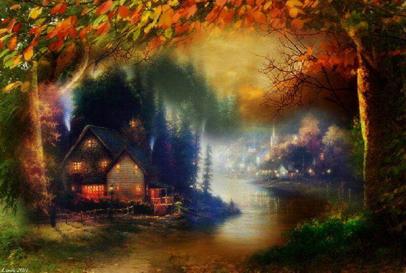 Cottage by a River — Orange, Serene, Night