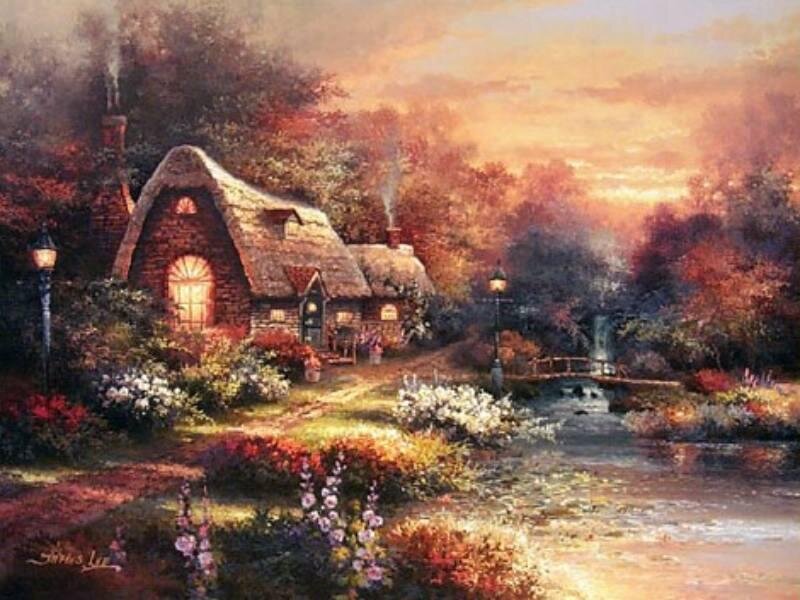Cottage by a River — Orange, Serene, Sunset, Painting, Trees
