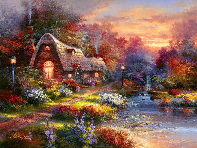 Cottage by a River — Orange, Serene, Sunset