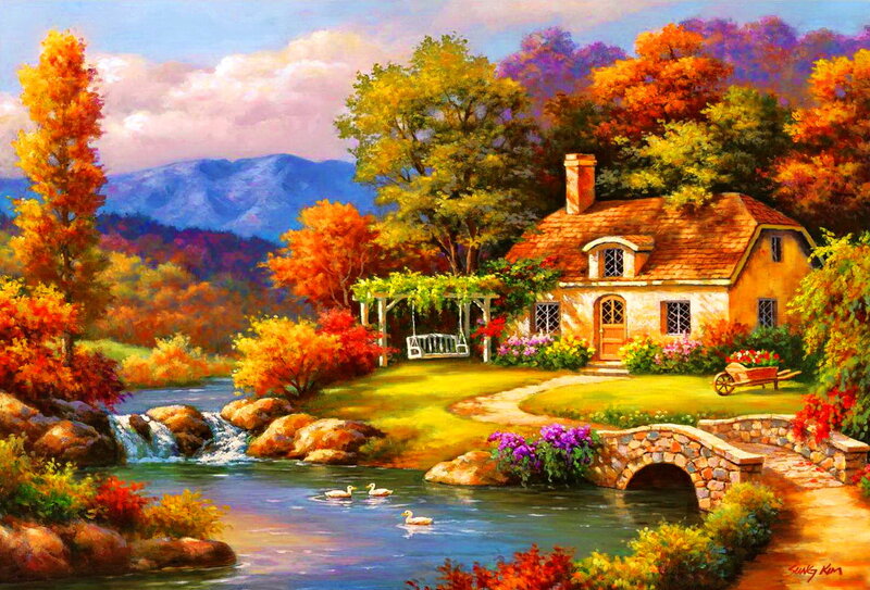 Cottage by a River — Orange, Serene