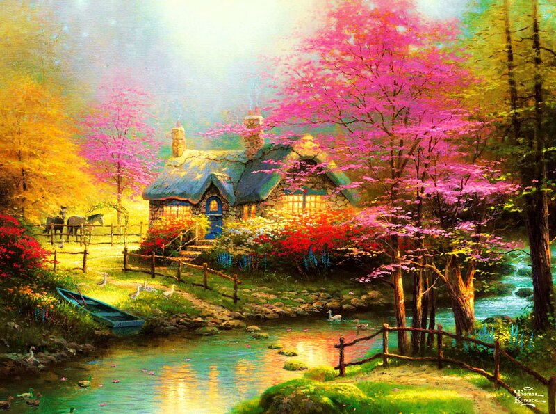 Cottage by a River — Pink, Serene, Spring