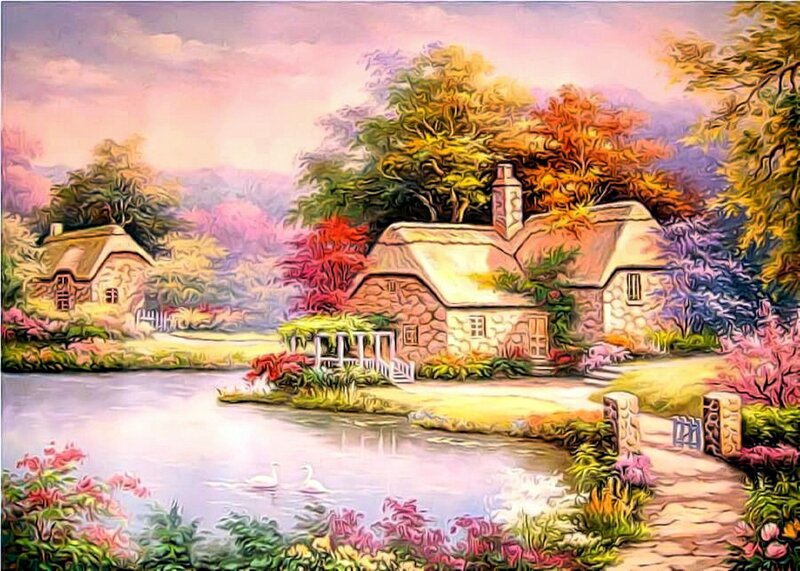 Cottage by a River — Pink, Serene