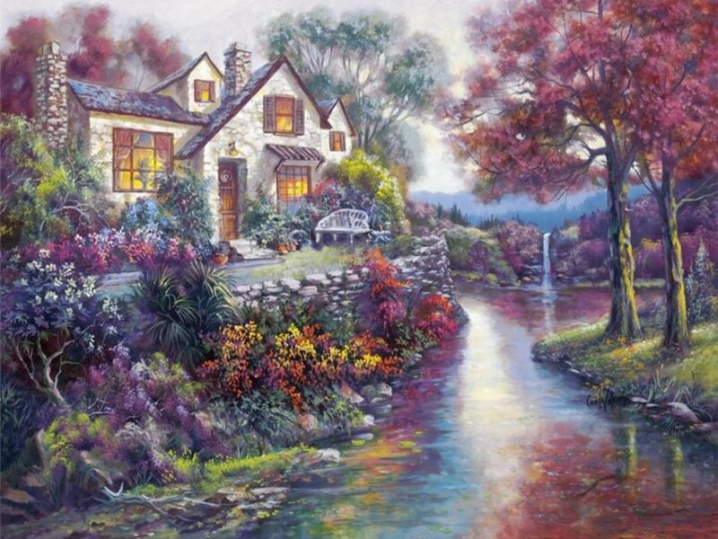 Cottage by a River — Purple, Serene, Autumn