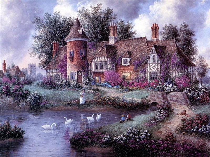 Cottage by a River — Purple, Serene, Daytime