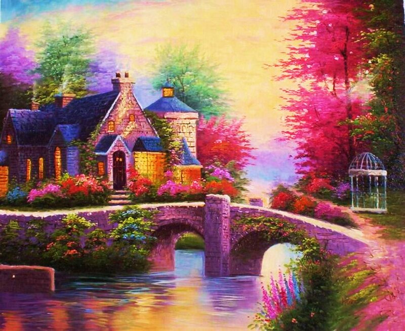 Cottage by a River — Purple, Serene, Sunset, Painting