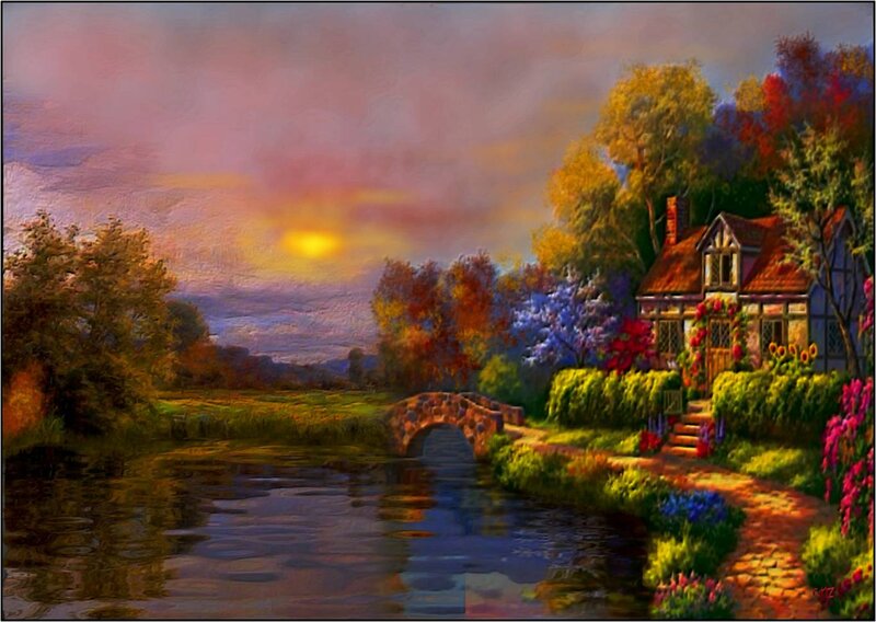 Cottage by a River — Purple, Serene, Sunset